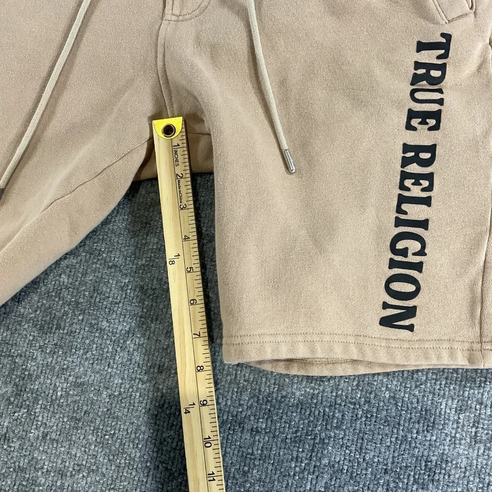 True Religion Mens Sweat Shorts Medium Beige Logo Drawstring Fleece Lounge M